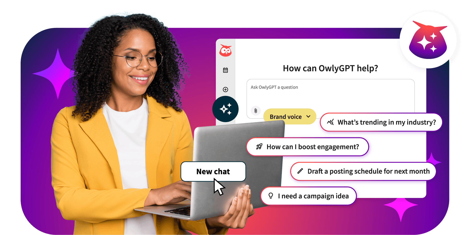 Professional in yellow blazer using Owly GPT chat interface on laptop, with various social media management prompts displayed