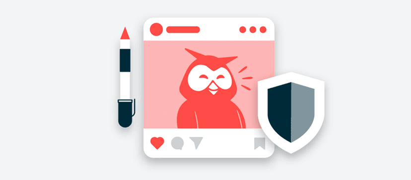 Sample social media post with Hootsuite Owly mascot, next to a shield and a pen